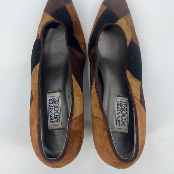 Vintage 90s Jennifer Moore Patchwork Suede Pumps Women Shoes 8.5N Brown Heritage - Picture 8 of 9
